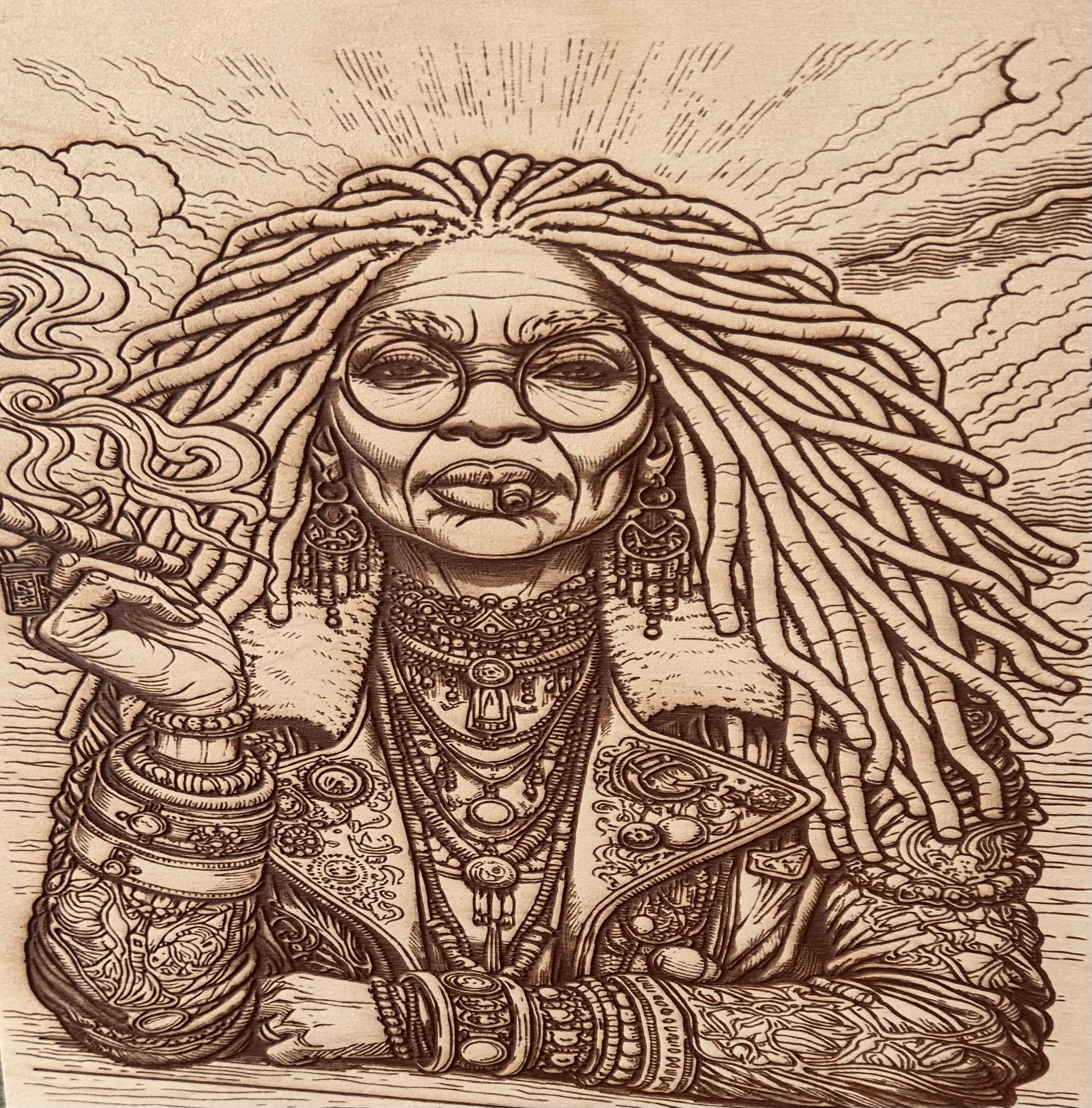 A Lady and Her Cigar — Laser Engraved Basswood (11x11)